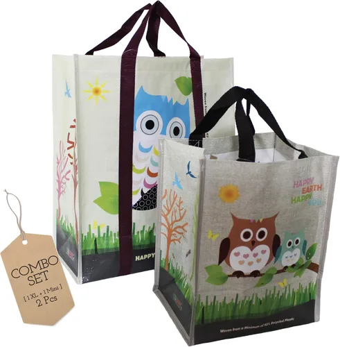 Vista 5 de Juego combinado laminado XL y mini bolsas de compras reutilizables tejidas para comestibles, hechas con un mínimo de 95% de plástico reciclado