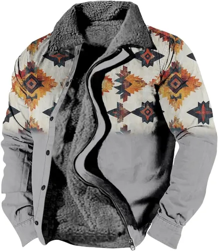 Vista 27 de LOAIHA Chaqueta de invierno para hombre, chaqueta azteca occidental para hombre, con cremallera, forro polar cálido, chaqueta vaquera, étnica vintage