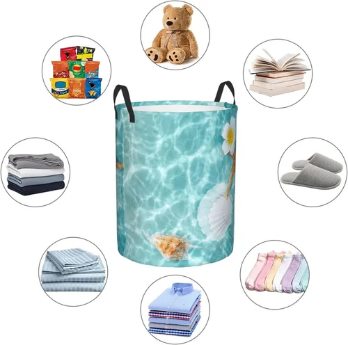 Vista 6 de Cesta de lavandería con diseño de estrellas de mar y flores, impermeable, plegable, con asa duradera, cesta de almacenamiento de ropa sucia redonda