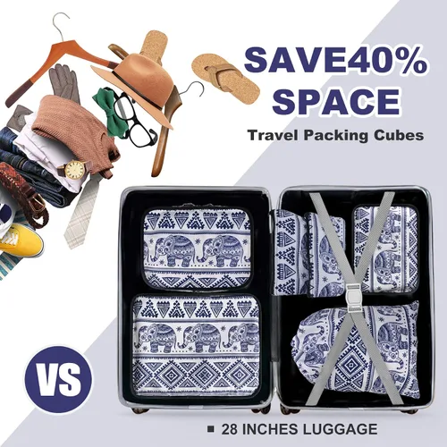 Vista 4 de Juego de 6 cubos de embalaje, bolsas organizadoras de maleta para artículos esenciales de viaje, tela duradera y cremalleras para vacaciones al aire