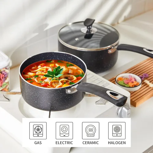 Vista 3 de Cacerola antiadherente con tapa, sartén antiadherente de 1 cuarto y 2 cuartos y 3 cuartos con asa de silicona, pequeña olla de leche con tapa