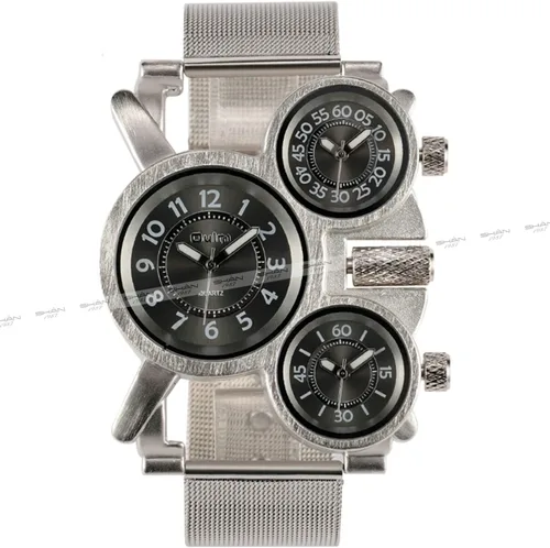 Vista 4 de OULM Reloj de pulsera de cuarzo para hombre, estilo militar, militar, correa de acero inoxidable, 3 zonas horarias, pantalla de gran tamaño + caja