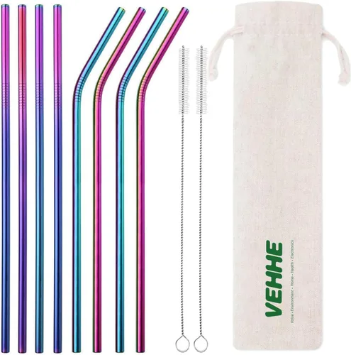 Vista 7 de VEHHE Juego de 8 pajitas reutilizables de acero inoxidable multicolor, cepillo de limpieza para 20 onzas (arco iris de 8.5 pulgadas + 10.5 pulgadas)