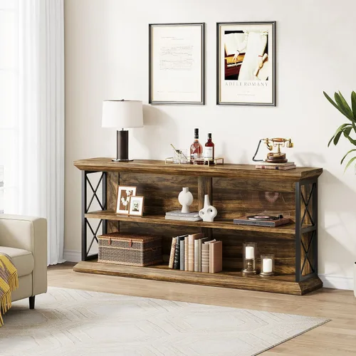Vista 2 de Mesa de consola larga de 63 pulgadas con 3 niveles de almacenamiento para entrada, mesa de sofá de madera detrás del sofá para pasillo de sala