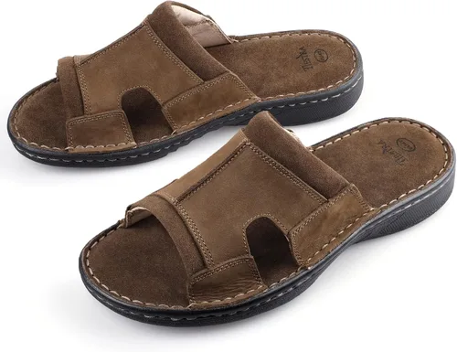 Vista 7 de TIESTRA Sandalias de cuero para hombre, cómodas, ligeras, informales, de verano, para la playa, para interiores y exteriores, sandalias deslizantes