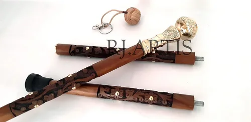 Vista 3 de Handicrafts - Bastón náutico de latón macizo, mango de cabeza de brújula, bastón de madera