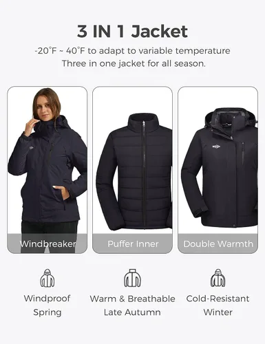 Vista 3 de Wantdo - Chaqueta impermeable 3 en 1 para mujer, abrigo de invierno cálido, resistente al viento, chaqueta de snowboard con capa de puffer