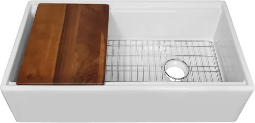 Vista 9 de Whitehaus Reversible Single Bowl Fireclay Sink Set with Smooth Front Apron, Walnut Wood Cutting Board and Stainless Steel Grid (Dark Gray, 27" x 19")