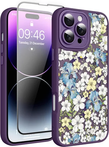 Vista 86 de Magnético para iPhone 13 con protector de pantalla [Compatible con MagSafe] Diseño de patrón floral de flores bonitas, funda delgada a prueba