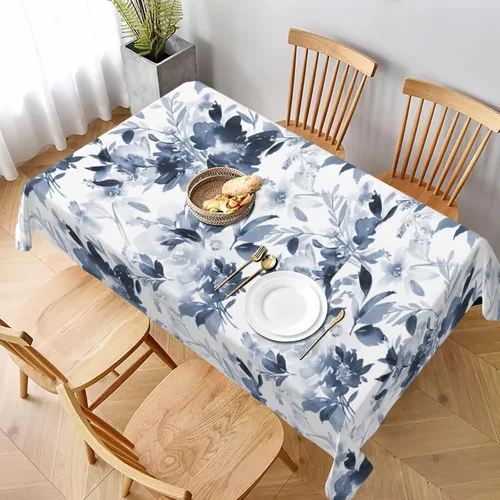Vista 22 de Mantel floral azul marino de 54 x 54 pulgadas, mantel cuadrado de flores azul oscuro y blanco, mantel de poliéster para fiestas de vacaciones