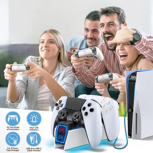 Vista 8 de PS5 Controller Charger Station Compatible with Playstation 5 Skin Edge & Dual Controller, 9 RGB LED Light PS5 Accessories Charging Station, PS5