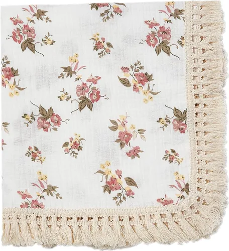 Vista 17 de Manta de muselina de algodón insular para bebé con borla, manta de muselina boho bohemia para bebé con borla, manta de recepción para bebé