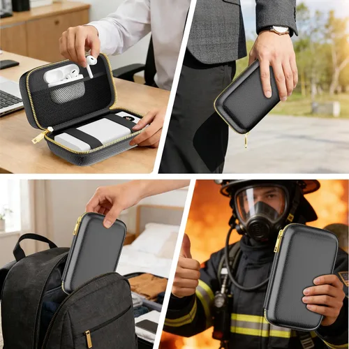 Vista 8 de Organizador de viaje para electrónica con cremallera ignífuga, estuche rígido a prueba de explosiones, caja de transporte de cables compatible
