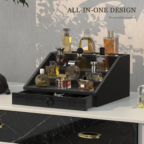 Vista 7 de upcessory Organizador de colonia de madera para hombres, estante mejorado de colonia de 4 niveles, organizador de perfumes con cajón forrado