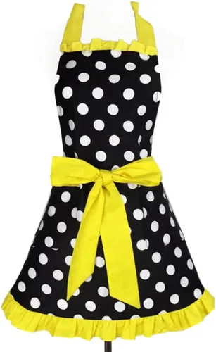 Vista 13 de Hyzrz Lindo delantal retro negro de lunares retro con volantes laterales vintage delantales de cocina con bolsillos para mujeres y niñas (lado azul)
