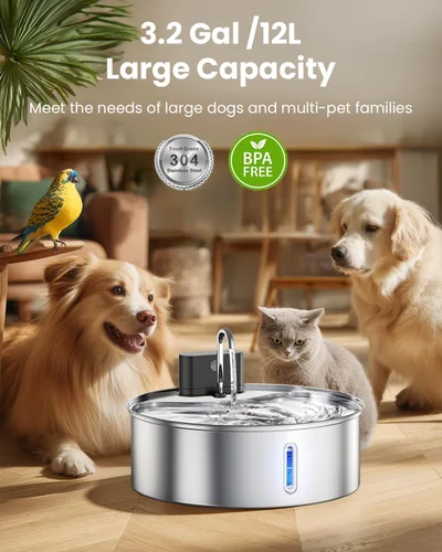 Vista 2 de Fuente de agua inalámbrica para perros grandes, fuente de agua de acero inoxidable de 12 litros con sensor, bomba silenciosa, dispensador automático