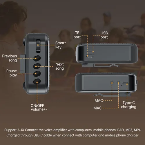 Vista 5 de Amplificador de voz para profesores con 2 micrófonos, amplificador de voz portátil con micrófono de diadema, mini amplificador de voz personal