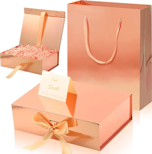 Vista 11 de Zonon - Caja de regalo de lujo color negro y rosa con tapa y cinta, bolsa de regalo de 9 x 7 x 3 pulgadas, con tarjeta de felicitación, papel