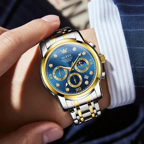 Vista 7 de Taxau Mens Watch Silver Gold Stainless Steel Watches for Men with Day Date Moon Phase Diamond Waterproof Analog Dress Men's Chronograph Wrist