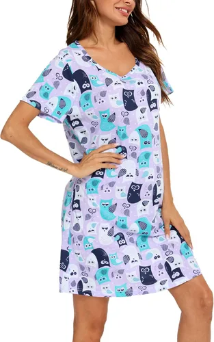 Vista 3 de ENJOYNIGHT - Camisones de algodón para mujer, tallas extragrandes, camisa de dormir de manga corta con estampado
