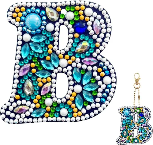 Vista 30 de YOYA Llavero de pintura de diamante de doble cara 5D, taladro completo A-Z, 26 letras de la A a la Z, kit de llaveros de arte de diamantes con gemas