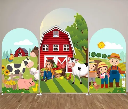 Vista 3 de HUAYI Cubierta de fondo de arco de granjero rojo de dibujos animados para fiestas de granja para niños, decoraciones de fondo de Chiara, cubiertas