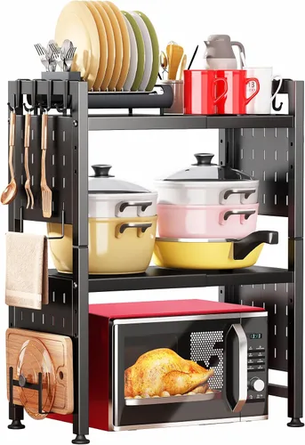 Vista 12 de Kitstorack Estante ajustable para horno de microondas, estante para microondas resistente de 2 niveles con tablas de cortar, soporte para estantes