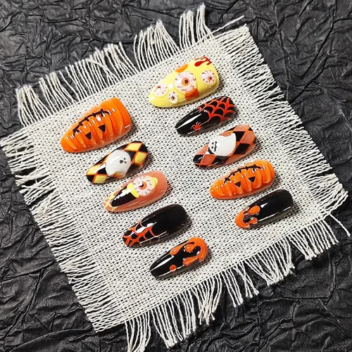 Vista 51 de Paquete de 6 144 uñas acrílicas de Halloween a presión, uñas postizas reutilizables de cobertura completa, uñas postizas adhesivas con pegamento H103
