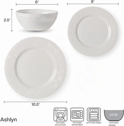 Vista 3 de Mikasa Ashlyn Juego de Vajilla de Porcelana Ósea Vegana Resistente a Astillas de 12 Piezas, Servicio para 4