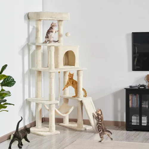 Vista 2 de Yaheetech - Torre de árbol para gatos grandes, condominio de varios niveles y hamaca de 54 pulgadas Beige