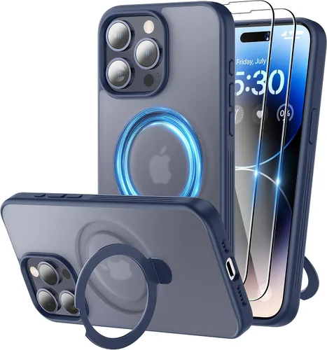 Vista 11 de Funda magnética para iPhone 15 con soporte, soporte de anillo invisible con protector de pantalla compatible con MagSafe Slim esmerilado mate, funda