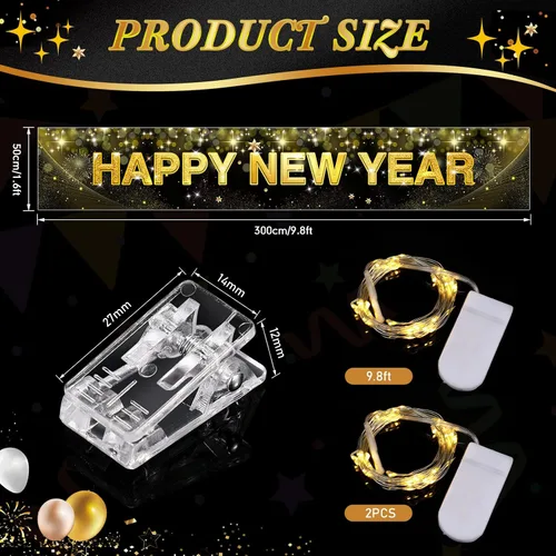 Vista 2 de Letrero grande de feliz año nuevo con luces LED para decoraciones de Navidad, cartel negro y dorado de 118 x 19.6 pulgadas con clips transparentes