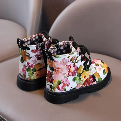Vista 4 de Botas de tobillo para niños y niñas, botines con cremallera y estampado floral, zapatos de bebé