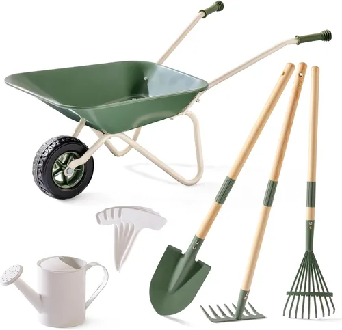 Vista 11 de ROBUD Herramientas de jardinería para niños, juego de juguetes al aire libre con carretilla para niños, 9 piezas de carretilla de metal para niños