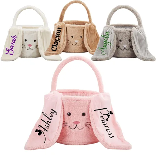 Vista 2 de Cesta de Pascua personalizada, cubos de Pascua con orejas de conejito de peluche personalizados para niños, huevos, caza, fiesta de Pascua, bolsa