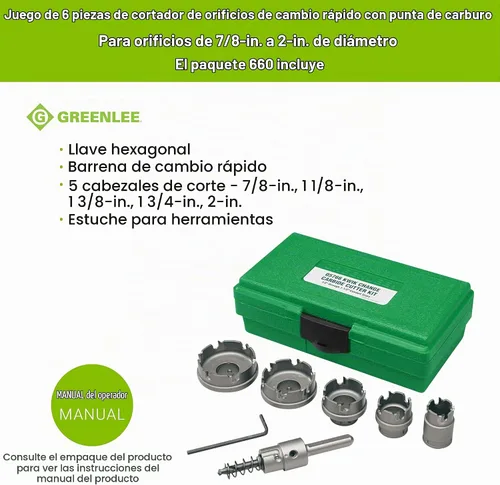 Vista 2 de Greenlee 660 Juego de cortadores de agujeros con punta de carburo de cambio rápido de 6 piezas, 7/8" - 2