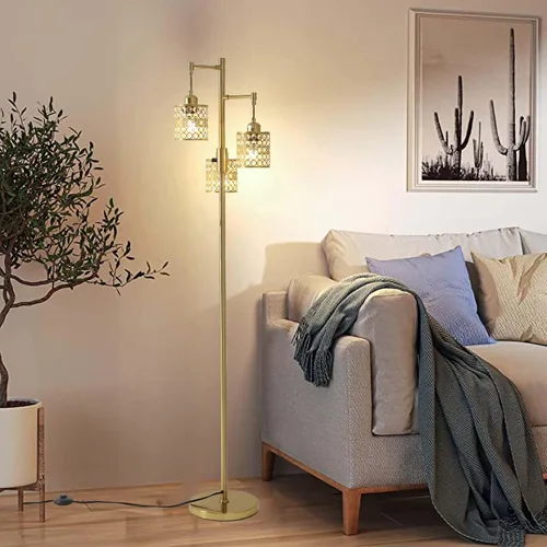 Vista 2 de Lámpara de pie industrial, lámpara de pie regulable, lámpara de árbol dorado, lámpara de pie con 3 elegantes pantallas de cristal para sala