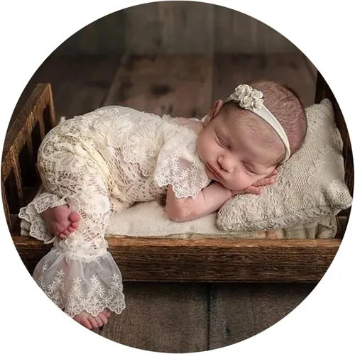 Vista 2 de Traje de fotografía para bebé, traje de encaje para recién nacido, sesión de fotos, diadema de flores, disfraz de princesa