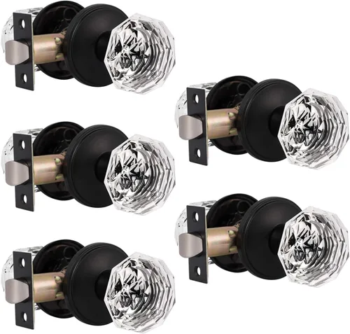 Vista 25 de Gobrico Pomo de puerta de cristal para dormitorio y baño con roseta clásica negro mate, diamante transparente octogonal para puerta interior, 1