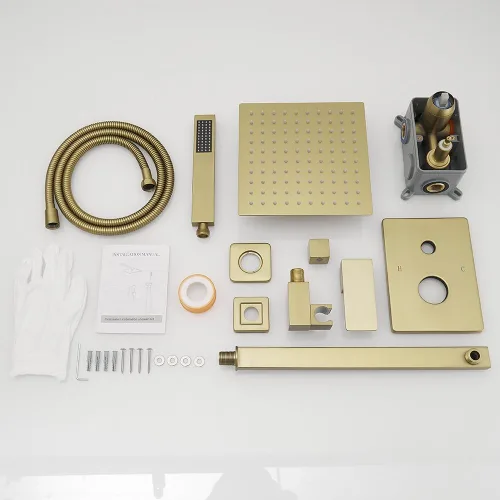 Vista 6 de Sistema de Ducha de Oro Cepillado para Baño de Lujo con Mezclador de Lluvia, Conjunto Combinado de Ducha Montado en la Pared, Sistema de Cabezal