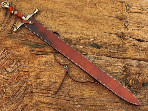 Vista 5 de Espada de ascalón de acero de Damasco Saint George Dragon Slayer con funda de cuero, espada de hoja de doble filo
