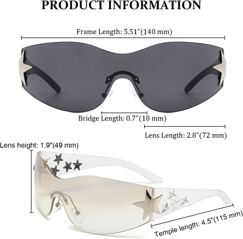 Vista 2 de 2 lentes de sol Star Y2K para mujer, sin marco, Y2K envolventes, plateados, estéticos Y2K