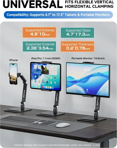 Vista 2 de Soporte para tableta para iPad, soporte de monitor portátil para 15.6 pulgadas, 17.3 pulgadas Aluminum Alloy Foldable Arm Mount with 360° Swivel