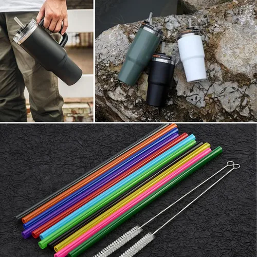 Vista 4 de Paquete de 14 popotes de repuesto para vaso de viaje Stanley Adventure de 40 onzas, popotes de plástico reutilizables con cepillo de limpieza