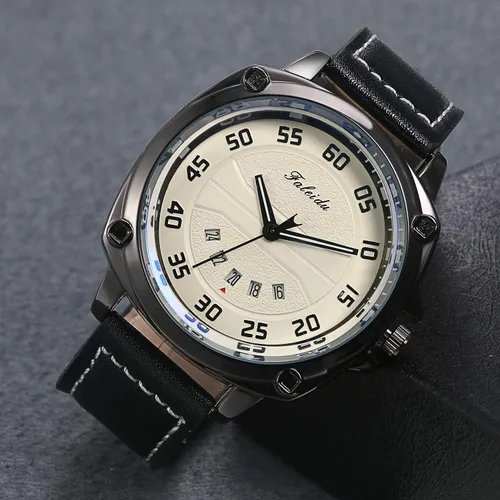 Vista 2 de Reloj de pulsera de cuero negro analógico para hombre con números arábigos y números arábigos