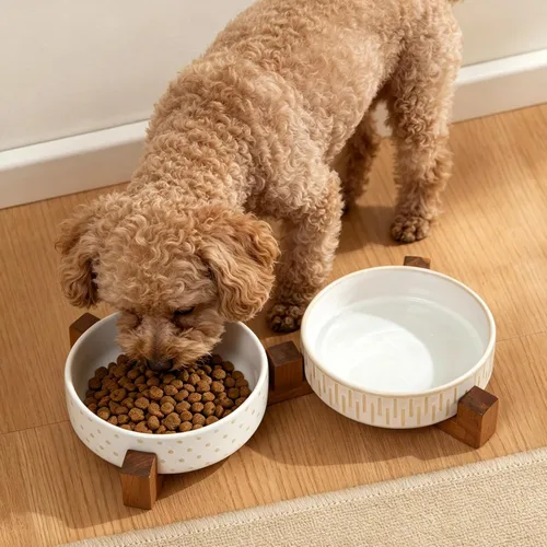 Vista 4 de Juego de cuencos de cerámica para perros con soporte de madera