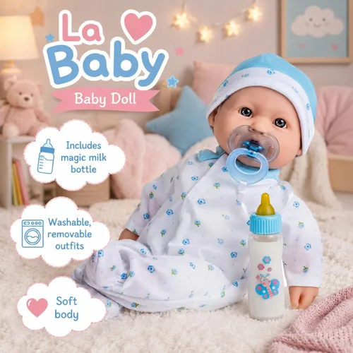 Vista 2 de JC Toys, La Baby, muñeca bebé de 16 pulgadas, cuerpo suave y lavable, color azul, con accesorios, para niños de 12 meses en adelante, diseñada por