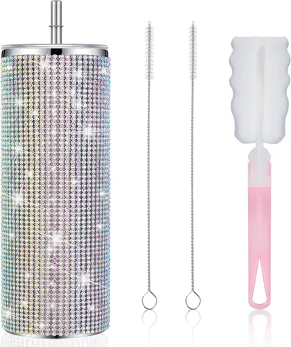 Vista 17 de Tessco Vasos Tumbler con Pedrería Brillante con Pajita Botella de Agua con Purpurina Tumbler de Pajita de Acero Inoxidable Vaso Aislado con Pedrería