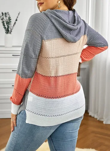 Vista 3 de FEKOAFE Sudaderas con capucha de bloque de color a rayas de otoño 2025 para mujer, suéter de punto con cuello en V