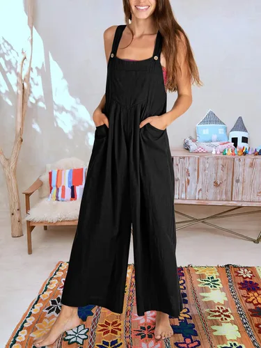 Vista 2 de Overol con pechera para mujer, casual, holgado, sin mangas, pierna ancha, con bolsillos